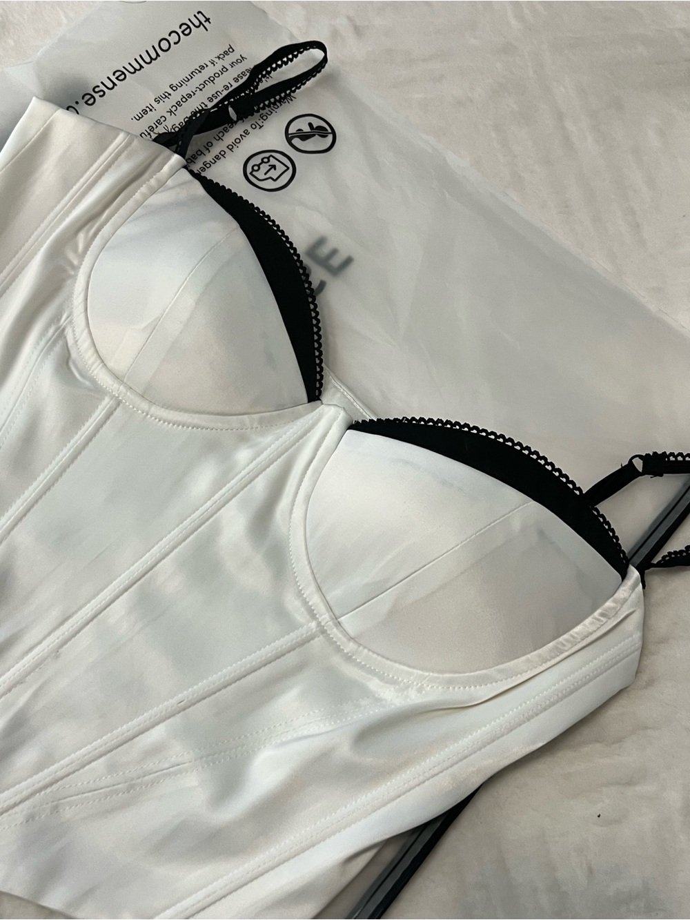 COMMENSE White XS Satin Bustier Crop Top with Black Trim - Picture 3 of 5